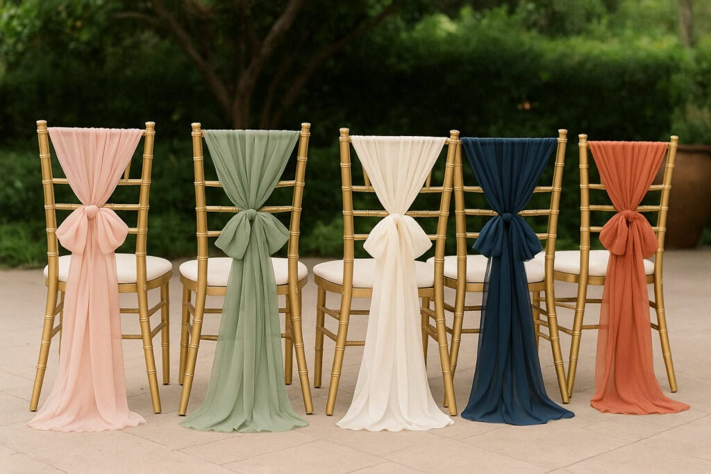 Five gold Chiavari chairs with ivory cushions, each decorated with chiffon curly chair sashes in blush, sage green, ivory, navy, and terracotta—top wedding colors of 2025—set in the garden at Bonita Ranch in Melbourne, Florida.