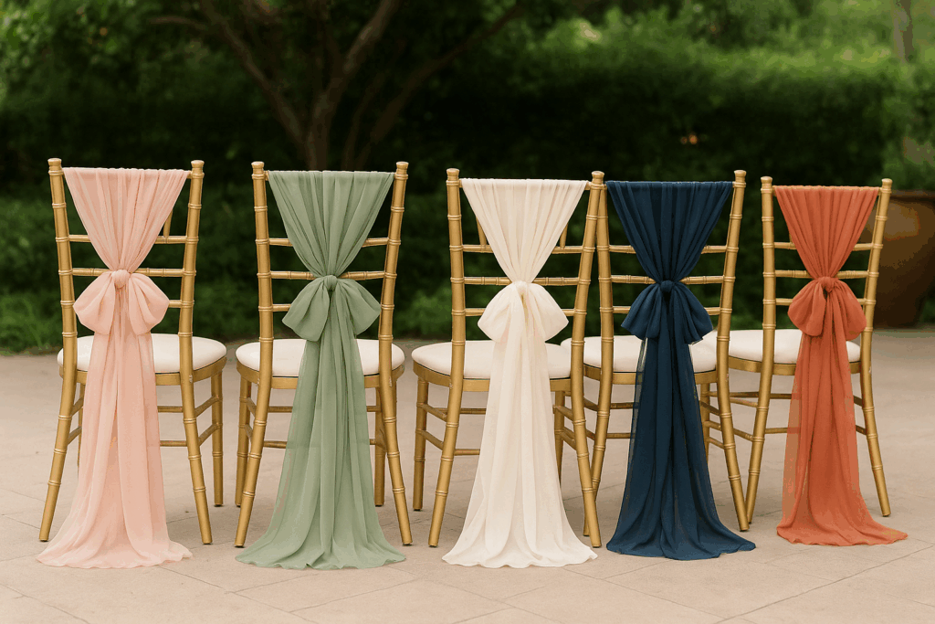 Five gold Chiavari chairs with ivory cushions, each decorated with chiffon curly chair sashes in blush, sage green, ivory, navy, and terracotta—top wedding colors of 2025—set in the garden at Bonita Ranch in Melbourne, Florida.