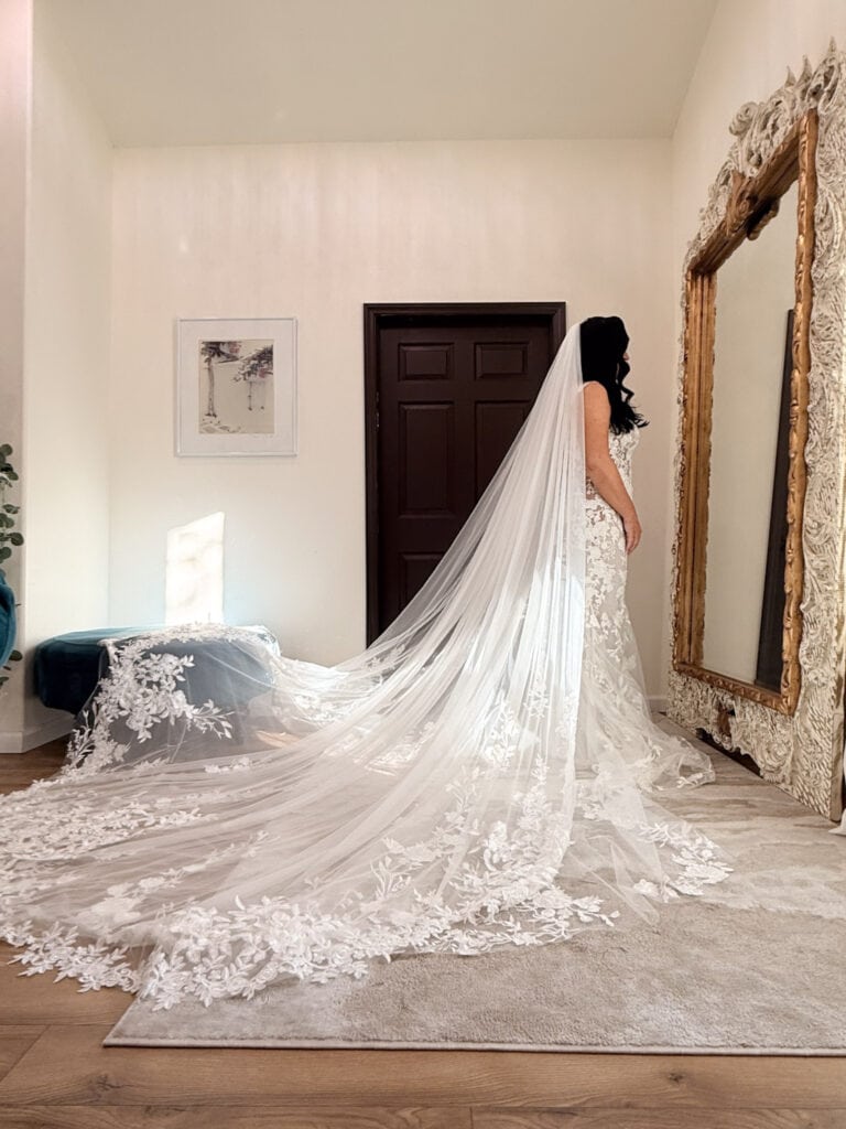 Bride getting ready in the bridal suite at Bonita Ranch, a Mediterranean-style elopement wedding venue in Melbourne, Florida