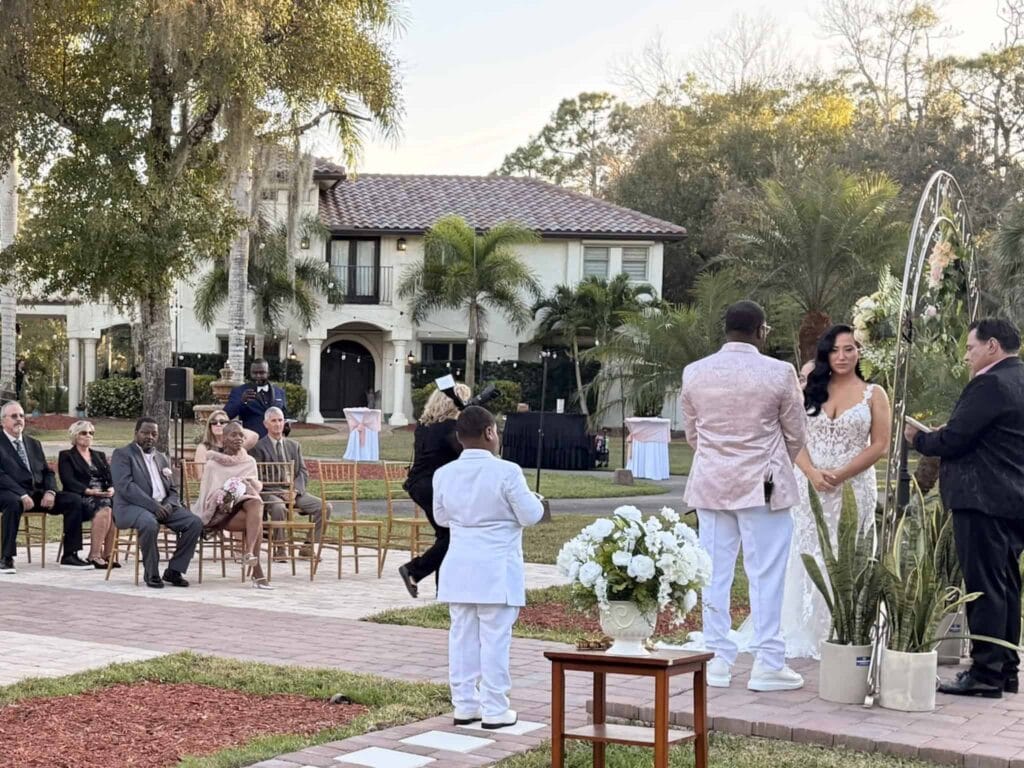 Elopement ceremony setup with chairs and arch at Bonita Ranch garden wedding venue in Melbourne Florida