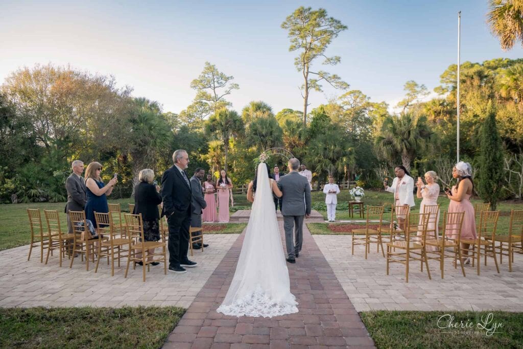 Lindsey and Vincent elopement at Bonita Ranch, a Mediterranean garden wedding venue in Melbourne Florida, featuring an intimate destination wedding setting