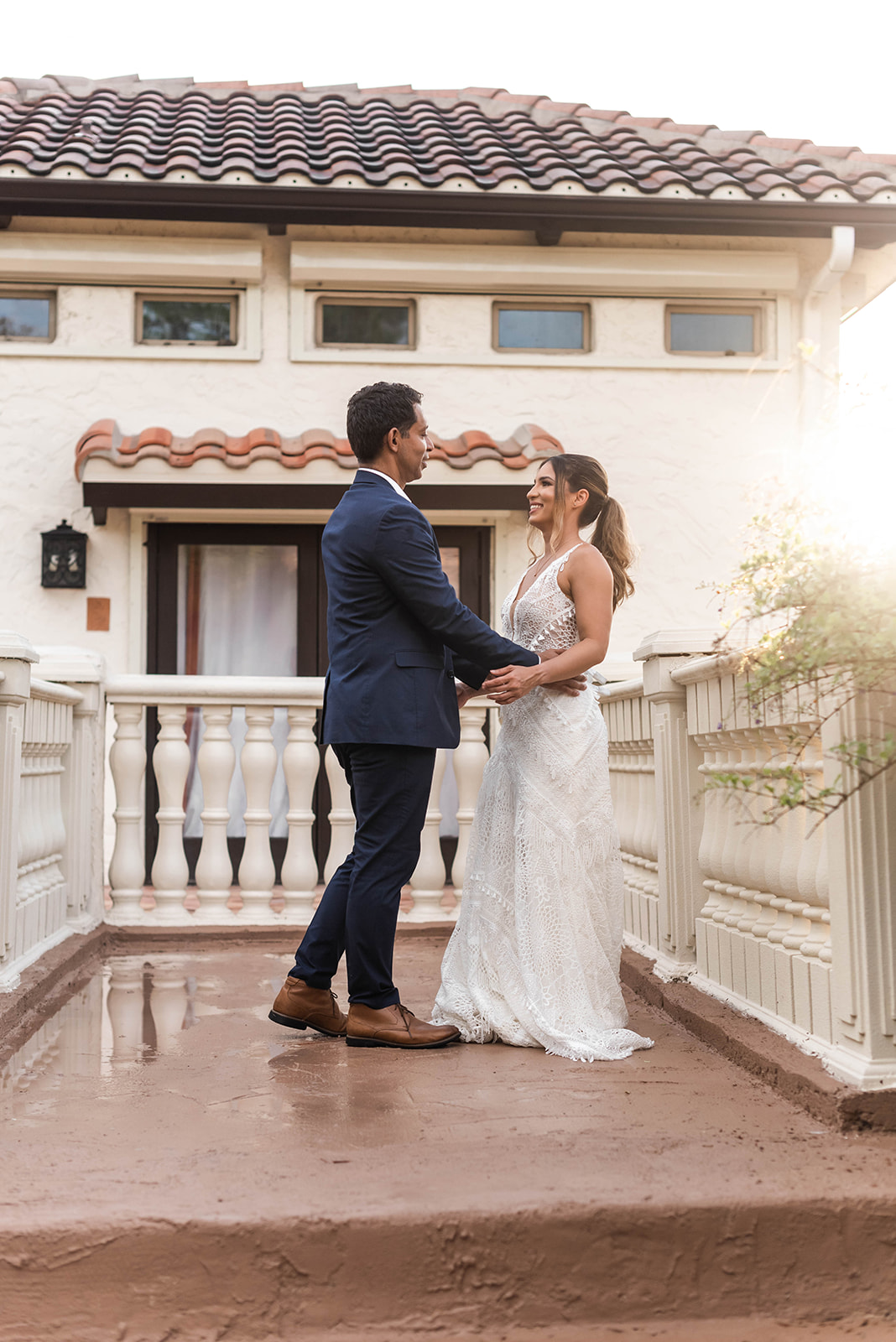 Romantic couple at Mediterranean-style wedding venue in Melbourne, Florida at Bonita Ranch, perfect for intimate weddings, elopements, and destination weddings in Brevard County