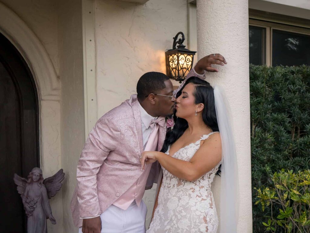 Couple sharing a romantic kiss during elopement wedding at Bonita Ranch in Melbourne Florida