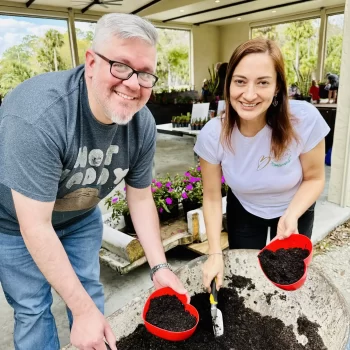 Hands-on plant workshop in Melbourne Florida at Bonita Ranch creating a garden pot with soil and plants